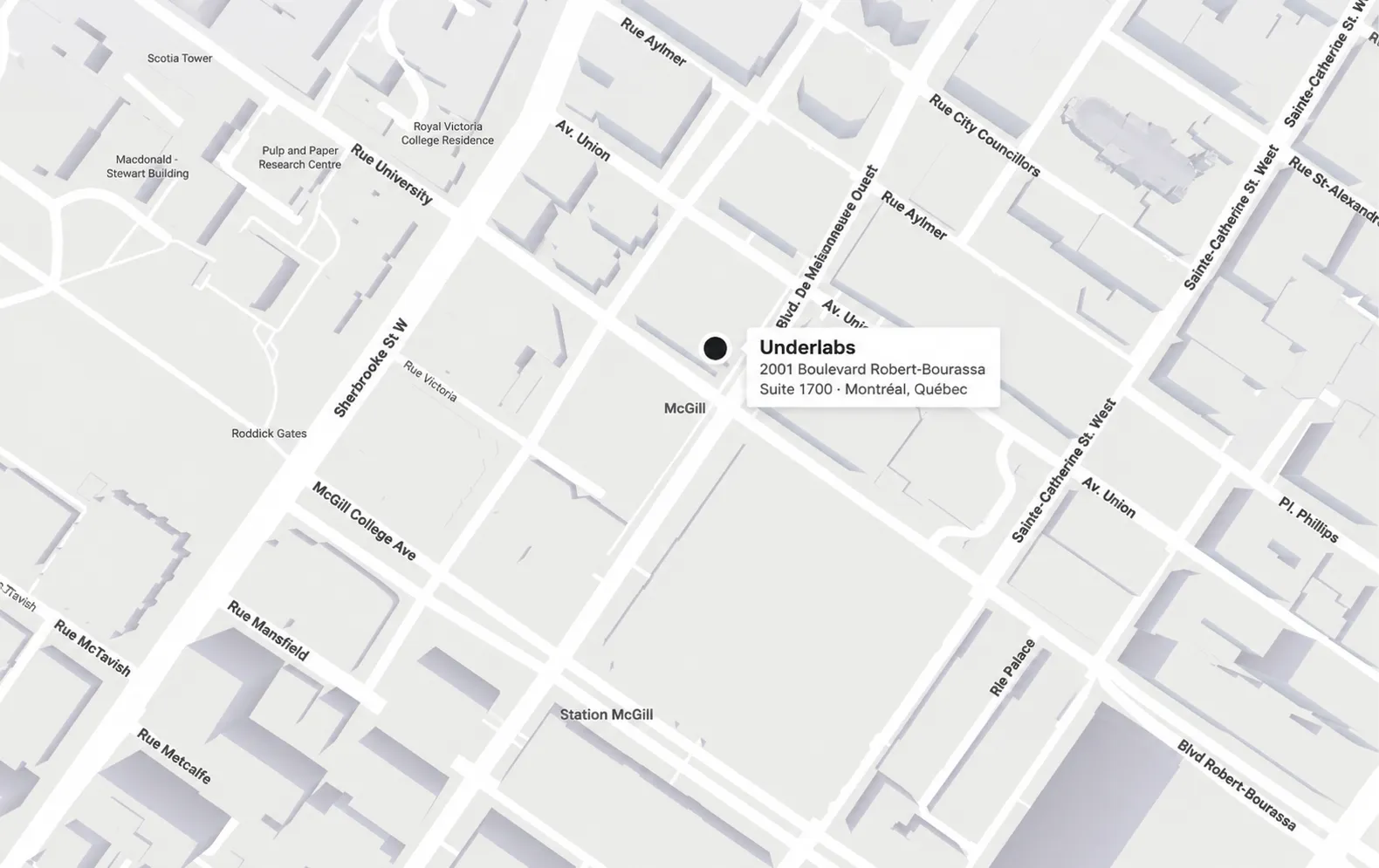 Map showing the Underlabs office in downtown Montréal